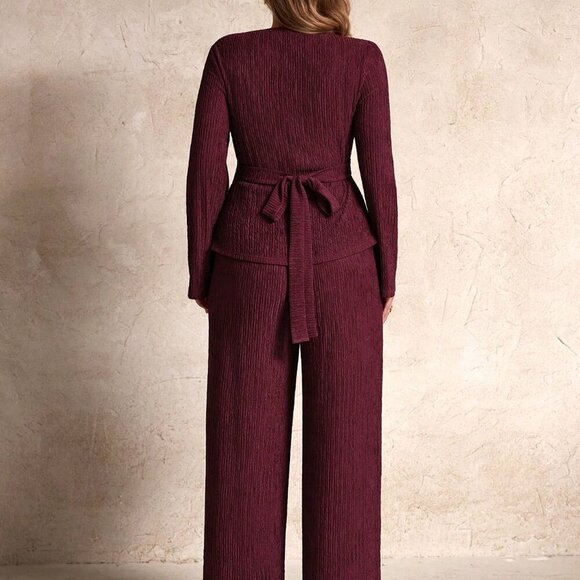 Burgundy Casual Women's Asymmetrical Slit Pants Suit - Picture 2 of 6